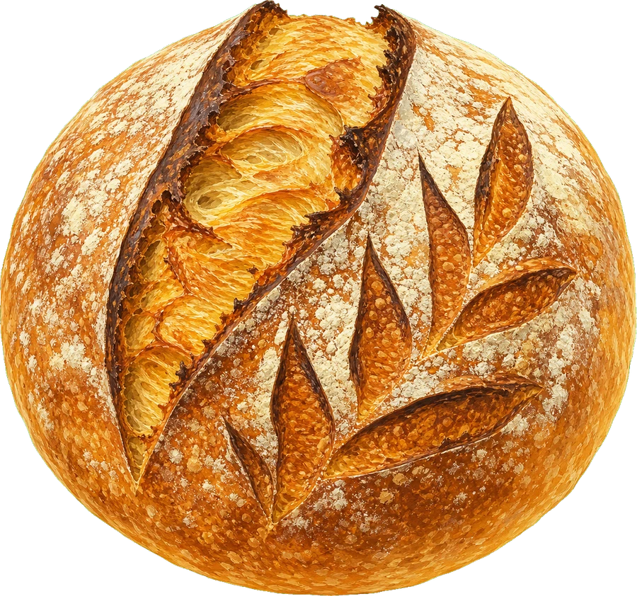 A painted sourdough loaf, still warm