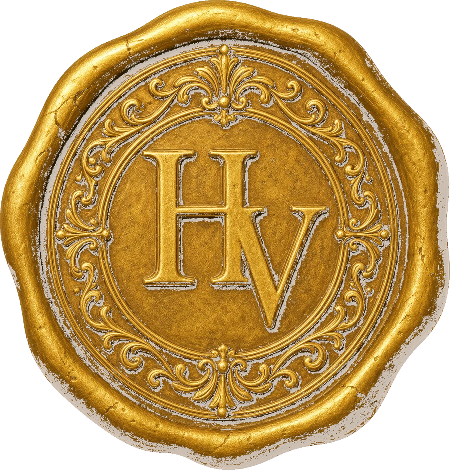 Gold wax seal embossed with the monogram HV