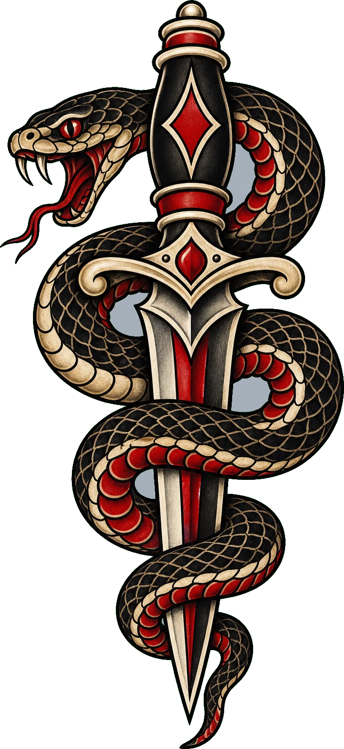 Traditional tattoo flash: a snake coiled around a dagger