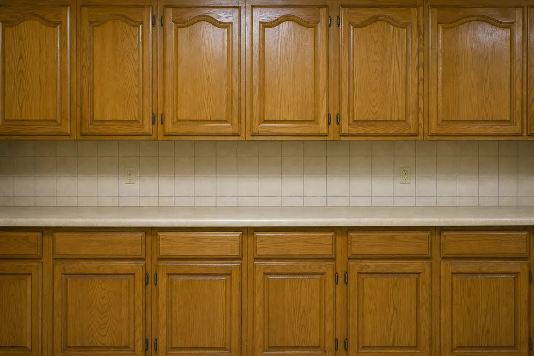 Dated 1990s kitchen with oak cabinets