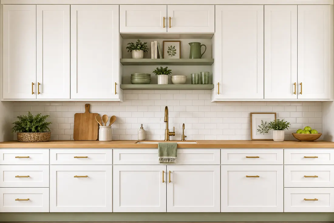 The same kitchen renovated with white shaker cabinets